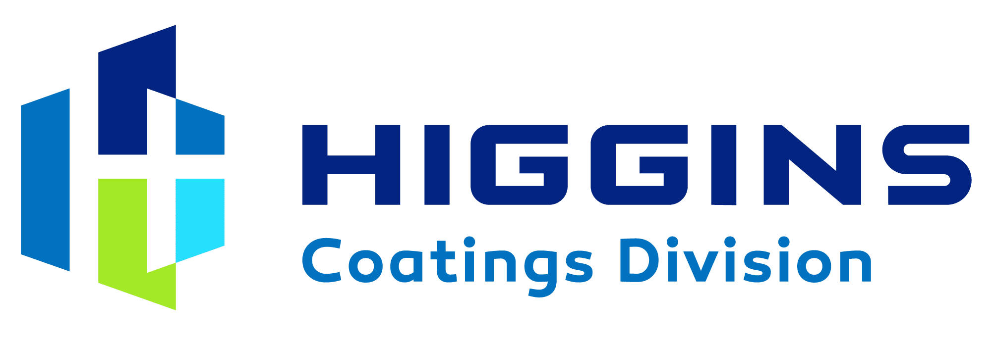 The image displays the text "HIGGINS Coatings Division" in blue, alongside a stylized logo with geometric shapes in blue and green hues.