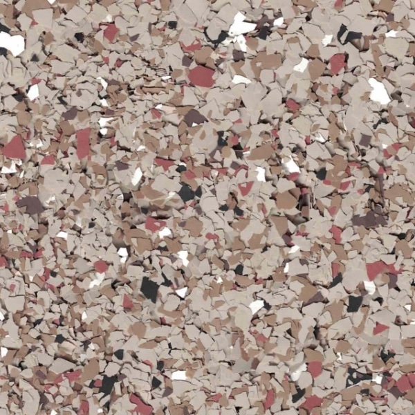 The image displays a dense pattern of small, irregularly shaped particles in varying shades of beige, pink, and brown, reminiscent of a terrazzo surface.