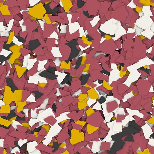 The image displays an abstract pattern of broken fragments in a variety of colors such as maroon, yellow, white, and black, with a chaotic arrangement.