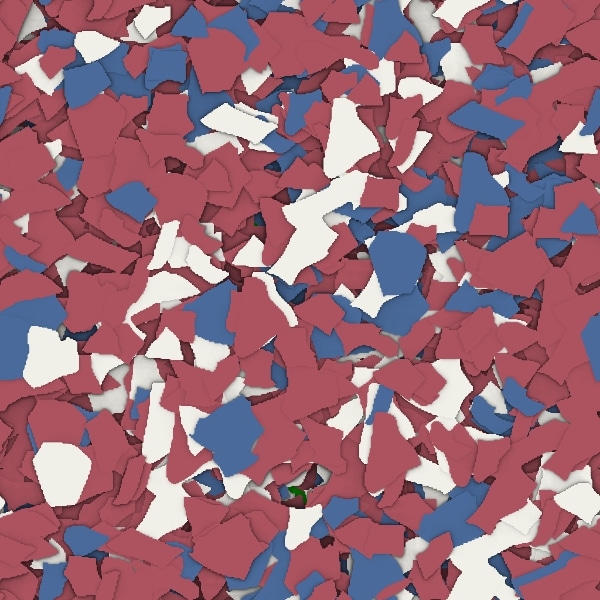 This image shows a field of fragmented shapes in a random scattered pattern, primarily in shades of red, blue, and white, resembling abstract confetti.