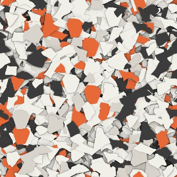 The image depicts a chaotic array of shattered pieces in white, black, and orange tones, creating a textured, abstract mosaic or pattern.