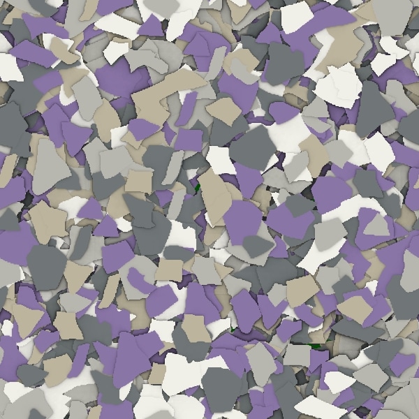 The image shows a collection of irregular, fragmented shapes in various shades of gray, white, and purple, closely packed together to form a mosaic.