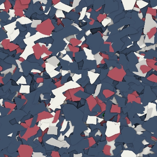 The image shows a chaotic pile of confetti pieces, primarily in shades of blue, white, and red, scattered in a random, dense pattern.