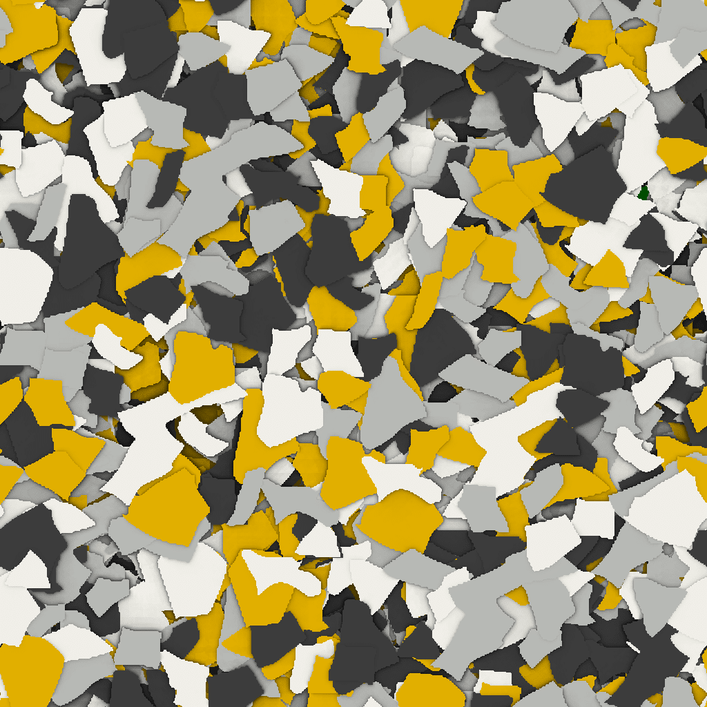 The image shows numerous irregular fragments scattered across the frame, with a color palette of yellow, gray, and black, resembling abstract debris.