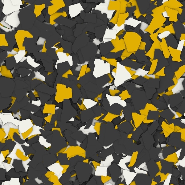 This image shows a multitude of shattered pieces in black, yellow, and white, scattered and layered randomly, creating an abstract, chaotic texture.