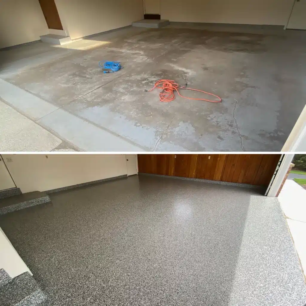 Before and after images of a garage floor: The top shows a bare, stained concrete floor with extension cords; the bottom displays a freshly coated, shiny surface.