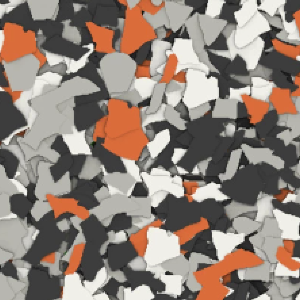 The image shows numerous abstract shapes in a random pile, predominantly in black, white, orange, and gray tones, creating a cluttered, multicolored texture.