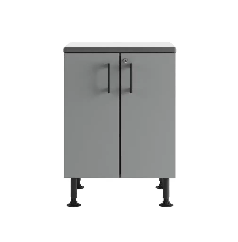 This image shows a gray metal storage cabinet with two doors, a lock, matching handles, and four adjustable feet, isolated on a white background.