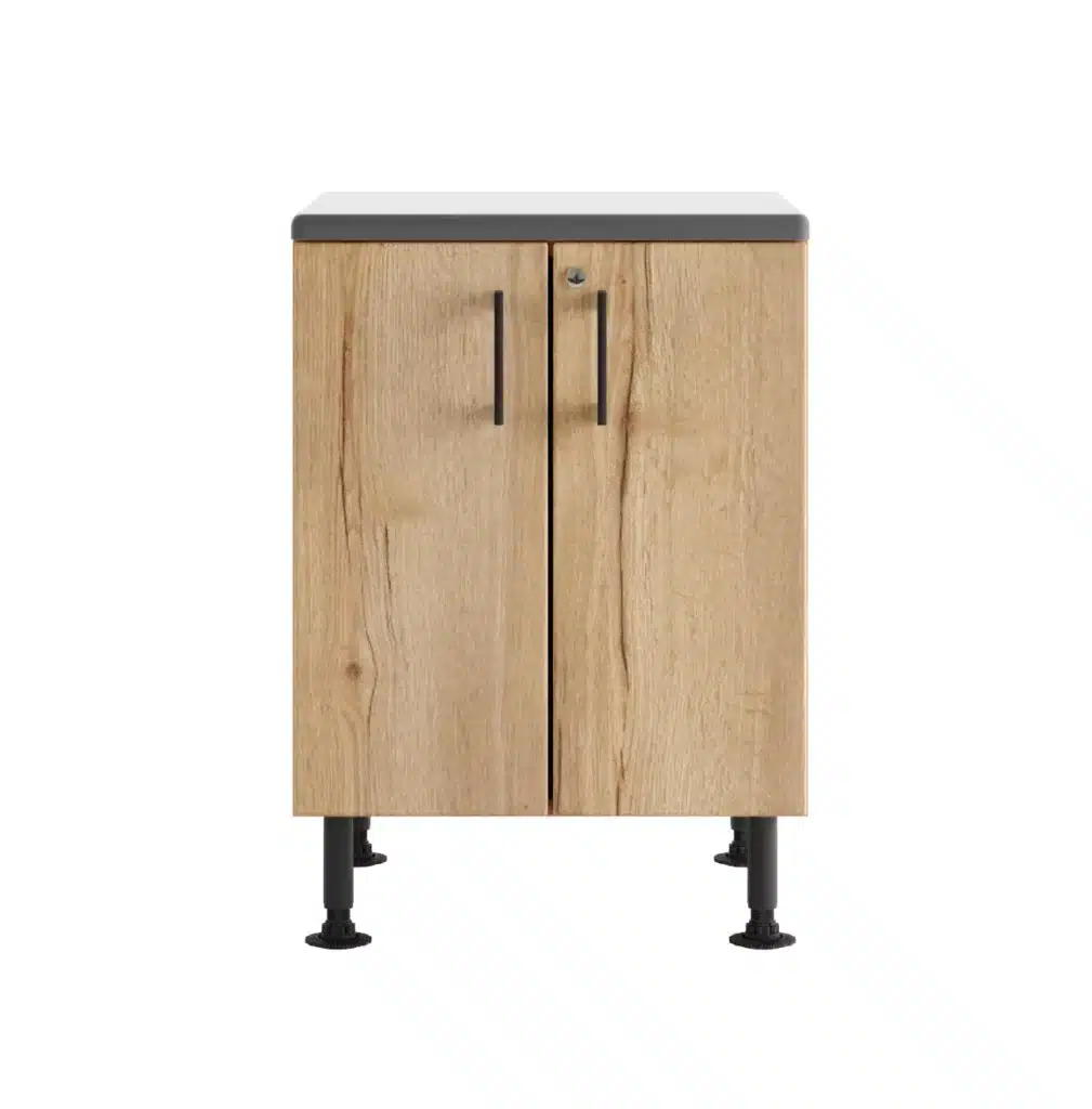 This is a modern wooden cabinet with two doors, vertical handles, a dark countertop, and black adjustable legs, isolated on a white background.