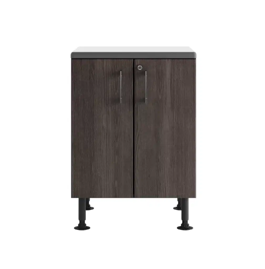 This image shows a small, dark brown wooden cabinet with two doors, silver handles, a lock, and four adjustable black legs against a white background.