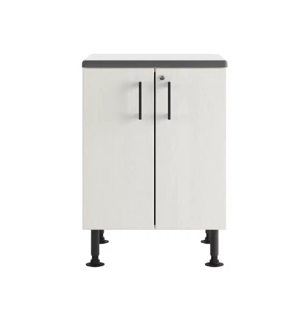 This image displays a small, modern, two-door cabinet with a light wood finish, dark countertop, sleek handles, and black adjustable legs, isolated on a white background.