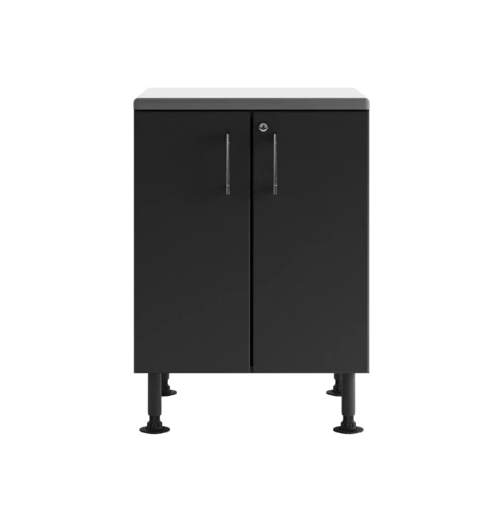 This image features a black metal storage cabinet with two doors, a lock, silver handles, and four adjustable legs on a white background.