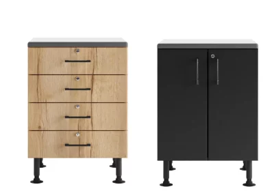 The image displays two pieces of furniture side by side: a light wood five-drawer chest and a black two-door cabinet, both on black legs.