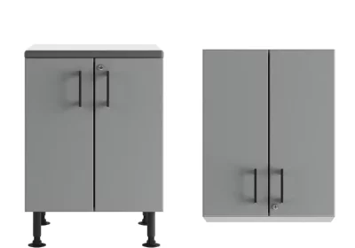 The image shows two gray metal cabinets, one with legs and one wall-mounted, both featuring minimalistic handles and a simple, modern design.